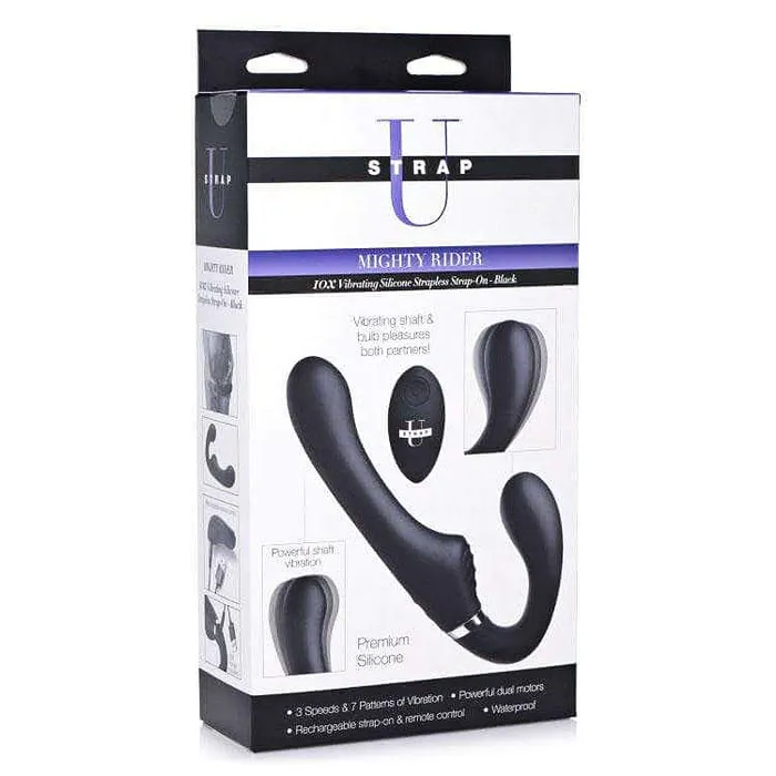 Strap U Female Sex Toys 10X Mighty Rider Vibrating Strapless Strapon Black